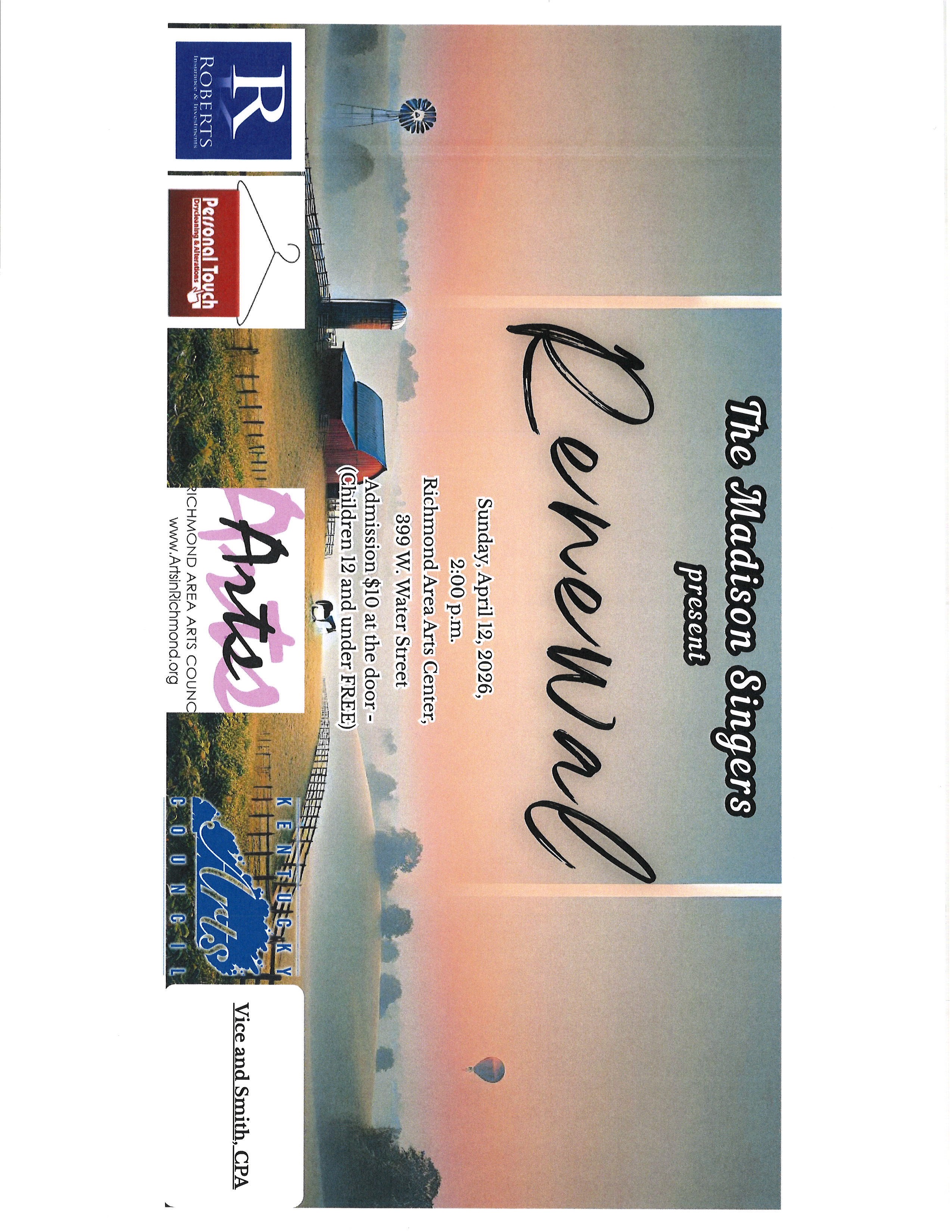 The Madison Singers present Renewal on Sunday, April 12, 2026 at 2PM at the Richmond Area Arts Council. Admission is $10 at the door. Children 12 and under free.